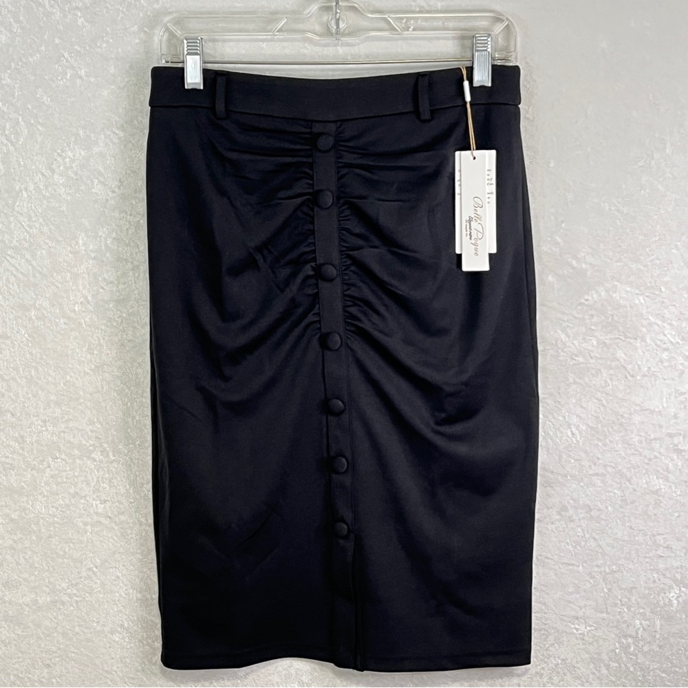 BELLE POQUE NEW Ruched Skirt Womens‎ M Black Pencil Straight Faux Button…
